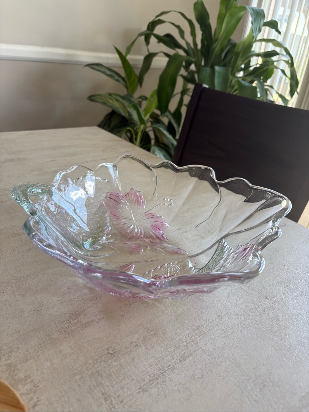Decorative Clear Glass Bowl with Pink Floral Accents